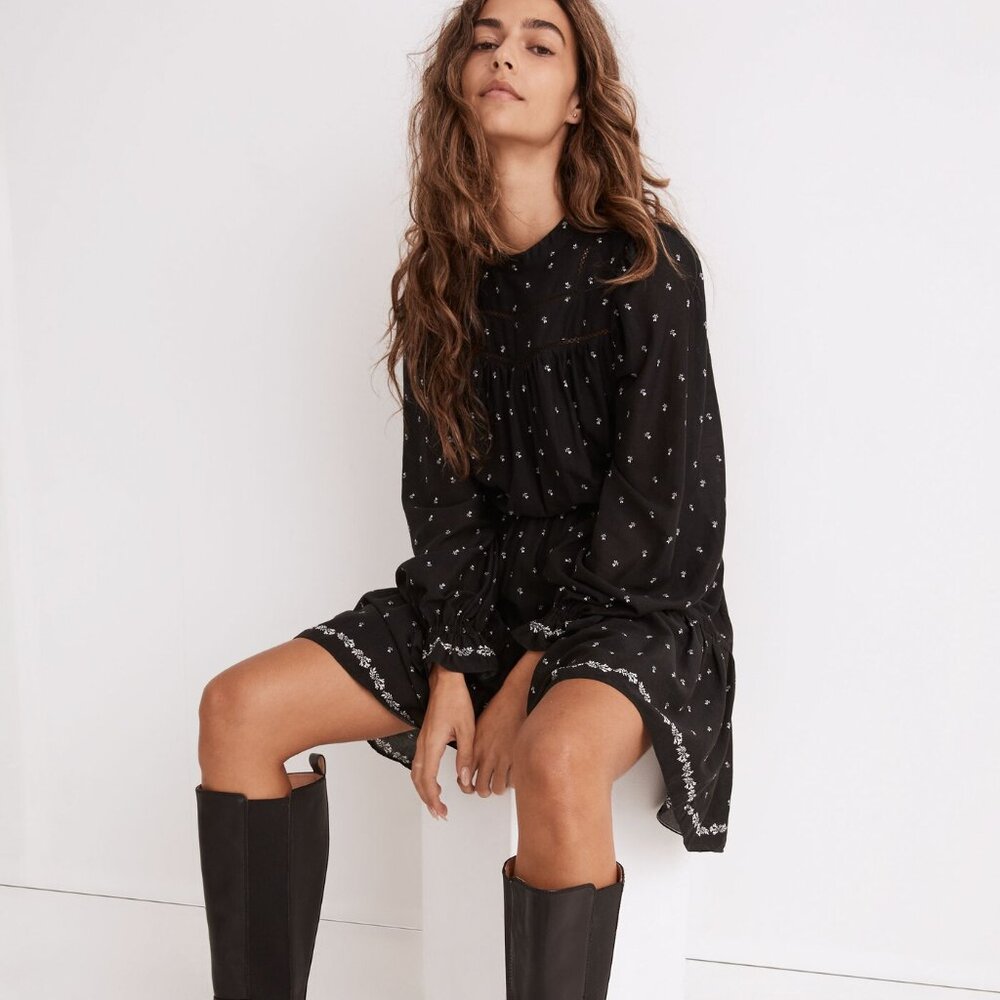NWT Madewell Mockneck Mini Dress in Welsh Blossoms Black White Floral Size XS